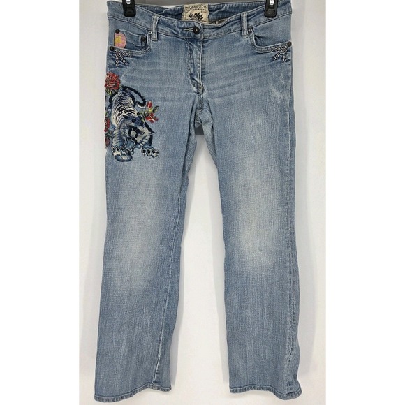 Vintage Y2K Parasuco Womens Embroided Jeans 31 Low Rise Wide Leg Tiger Roses